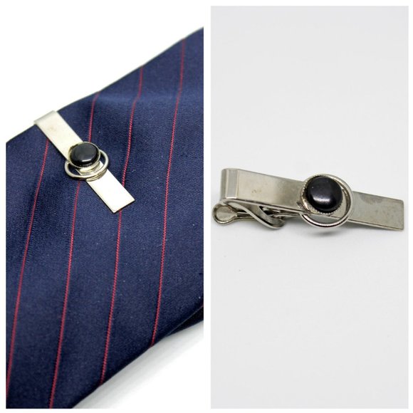 Vintage Silver & Black Circle Cabachon Rectangle Tie Clip VTG Father's Day Gift - Picture 3 of 9
